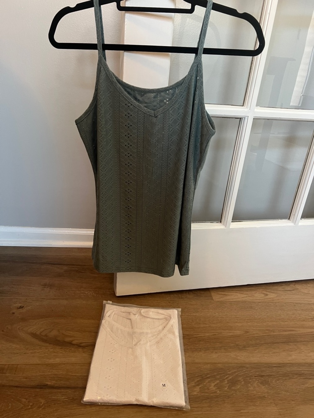 2 Eyelet Knit Tank Top - Olive Green and a white one